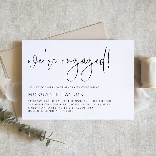 Black Modern Handwritten Script Engagement Party Kaart