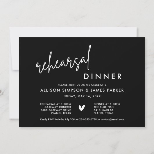Black Modern Heart Rehearsal Dinner Invitation Kaart (Voorkant)