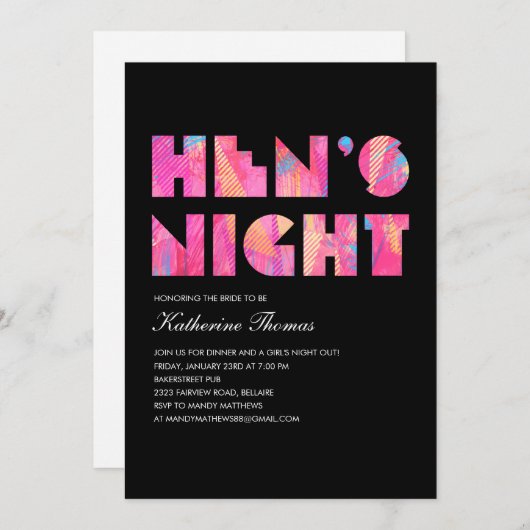 Black Modern Hen's Night Uitnodigingen (Voorkant / Achterkant)