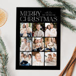Black Modern Kerstmis 9 Photo Collage Feestdagenkaart<br><div class="desc">Moderne kerstfotokaart met "vrolijk kerstfeest" bovenaan het ontwerp in trendy witte letters met een zwarte achtergrond. Een fotocollage van 9 foto's wordt getoond hieronder in een net-Stijl lay-out. Pas de multi-foto kerstkaart aan met uw familienaam. De kaart keert terug om een zwarte achtergrond met subtiele witte stippen (sneeuw) te tonen....</div>