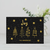 Black Modern Minimal Pine Trees Snow Joy Kerstmis Folie Feestdagenkaart (Staand Voorkant)