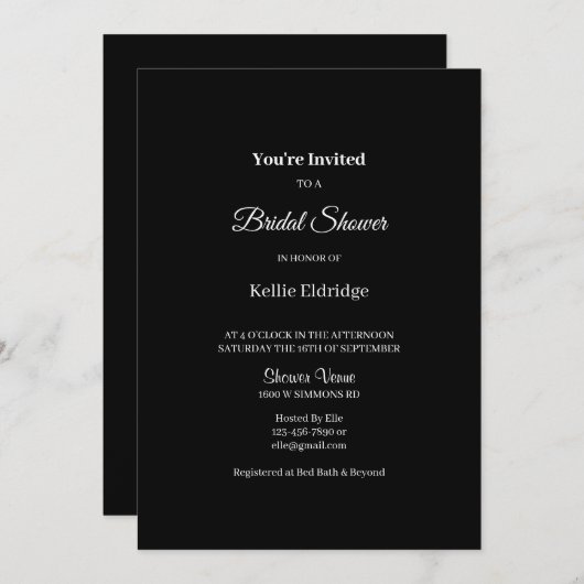 Black Modern Minimalist Bridal Shower-uitnodiging Kaart (Voorkant / Achterkant)