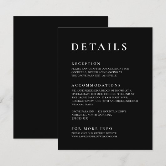 Black Modern Minimalist Elegant Informatiekaartje (Voorkant / Achterkant)