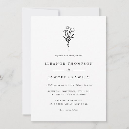 Black Modern minimalist Floral Bouquet Wedding Kaart (Voorkant)