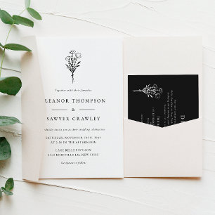 Black Modern minimalist Floral Bouquet Wedding Kaart