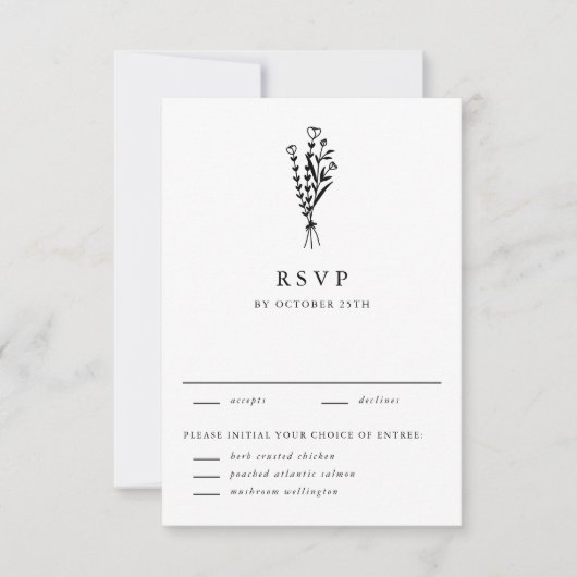 Black Modern minimalist Floral Bouquet Wedding RSVP Kaartje (Voorkant)