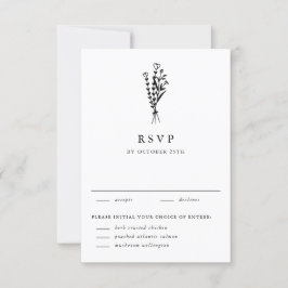 Black Modern minimalist Floral Bouquet Wedding RSVP Kaartje