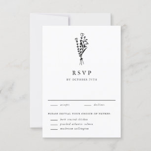 Black Modern minimalist Floral Bouquet Wedding RSVP Kaartje