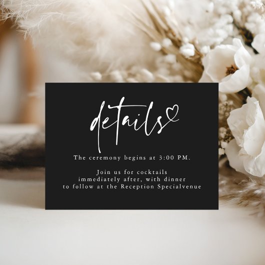 Black Modern Minimalist Heart Wedding Details Informatiekaartje