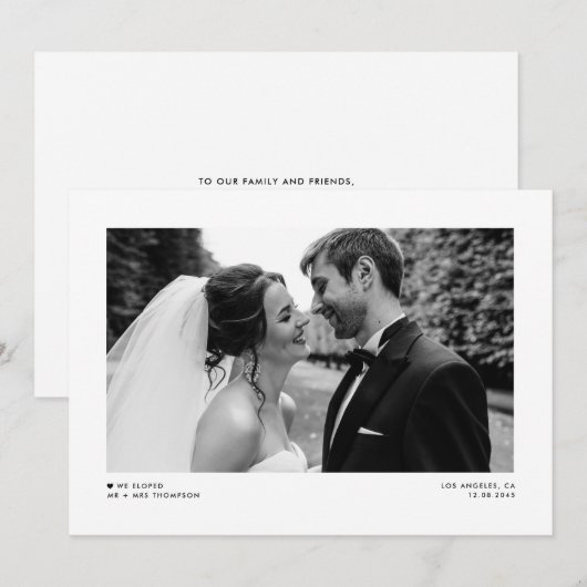 Black Modern minimalist Photo Wedding Elopement Aankondiging (Voorkant / Achterkant)