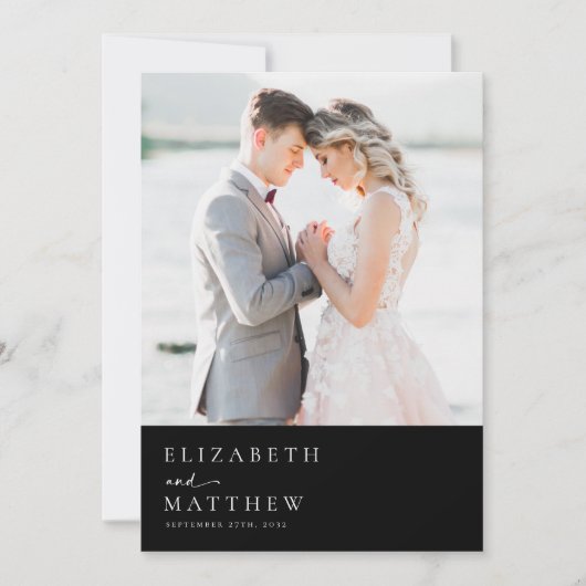 Black Modern Minimalist Script Photo Wedding Bedankkaart (Voorkant)