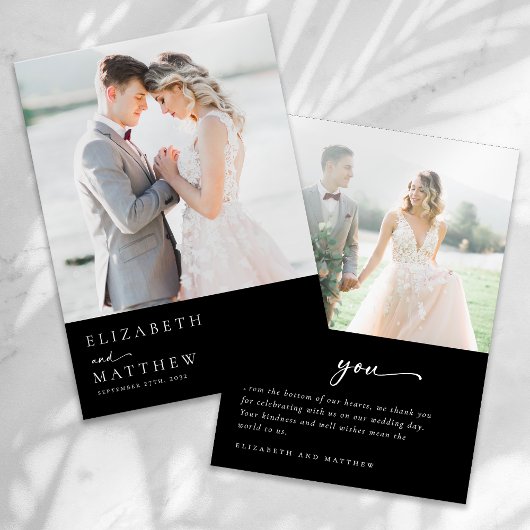 Black Modern Minimalist Script Photo Wedding Bedankkaart