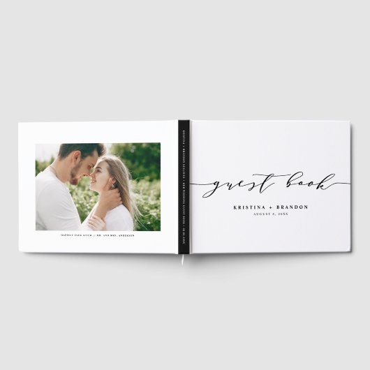 Black Modern Minimalist Script Photo Wedding Gastenboek (Volledig)
