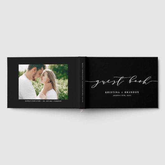 Black Modern Minimalist Script Photo Wedding Gastenboek (Volledig)