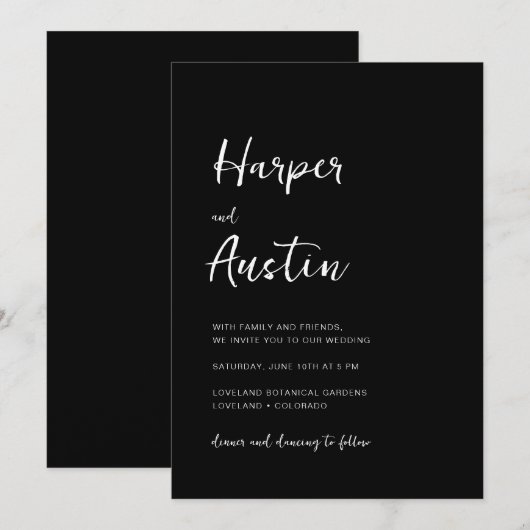 Black Modern Minimalist Script Wedding Kaart (Voorkant / Achterkant)