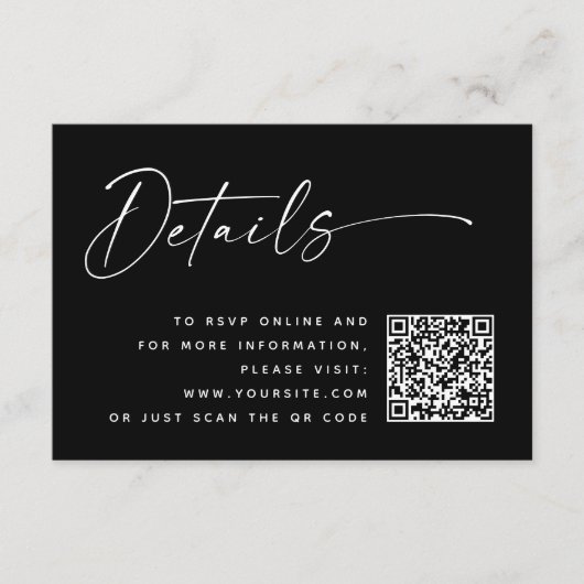 Black Modern Minimalist Wedding Details | QR Code Informatiekaartje (Voorkant)