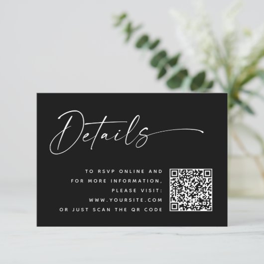 Black Modern Minimalist Wedding Details | QR Code Informatiekaartje (Staand voorkant)