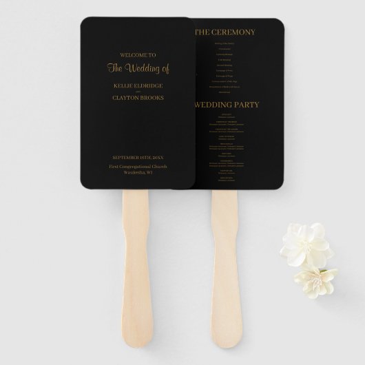 Black Modern minimalist Wedding Program Hand Fan Handwaaier (Voorkant en achterkant)