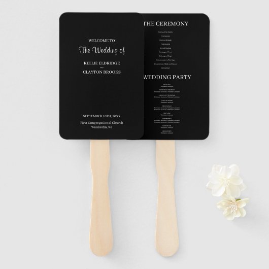 Black Modern minimalist Wedding Program Hand Fan Handwaaier (Voorkant en achterkant)