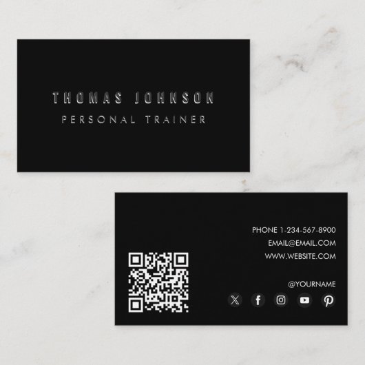 Black Modern Personal Trainer Fitness QR-code Visitekaartje (Voorkant / Achterkant)