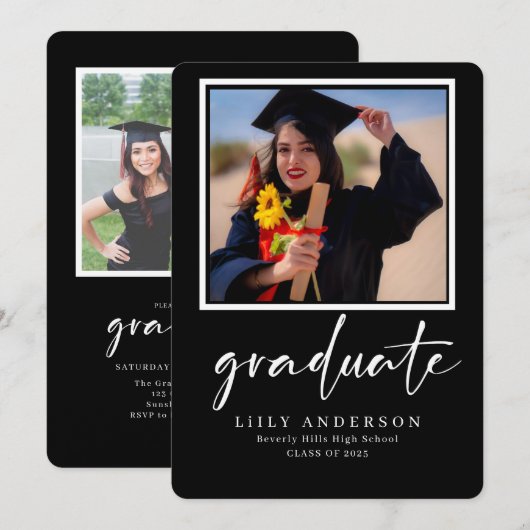 black Modern Photo Afstuderen klasse van 2025 Kaart (Voorkant / Achterkant)