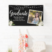 Black Modern Photo Floral String Lights Afstuderen Spandoek (Insitu)