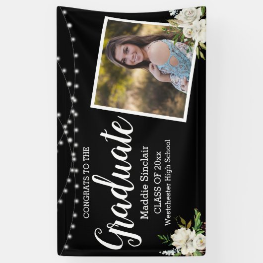 Black Modern Photo Floral String Lights Afstuderen Spandoek (Verticaal)