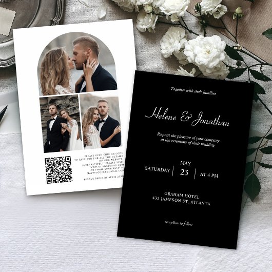 Black Modern Photo QR Code Wedding Kaart