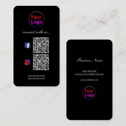 Black Modern Professional 2 QR-CODE Visitekaartje (Voorkant / Achterkant)