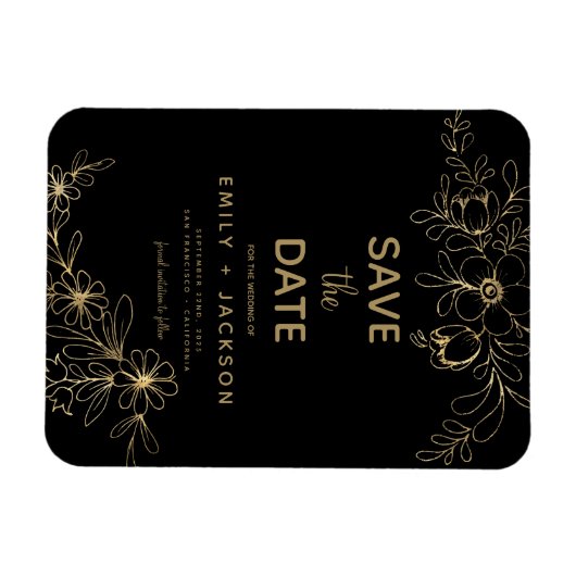 Black Modern Save the Date Floral Gold Foil Magneet (Horizontaal)