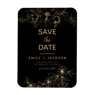 Black Modern Save the Date Floral Gold Foil Magneet