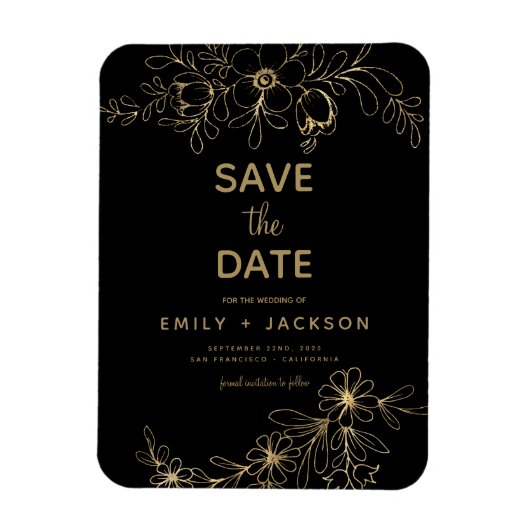 Black Modern Save the Date Floral Gold Foil Magneet (Verticaal)