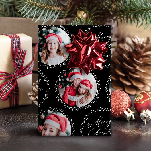 Black Modern Script Merry Christmas Family 6 photo Cadeaupapier