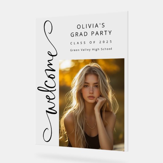 Black Modern Script Photo Afstudeerder Party Welko Acryl Bord (Hoek)