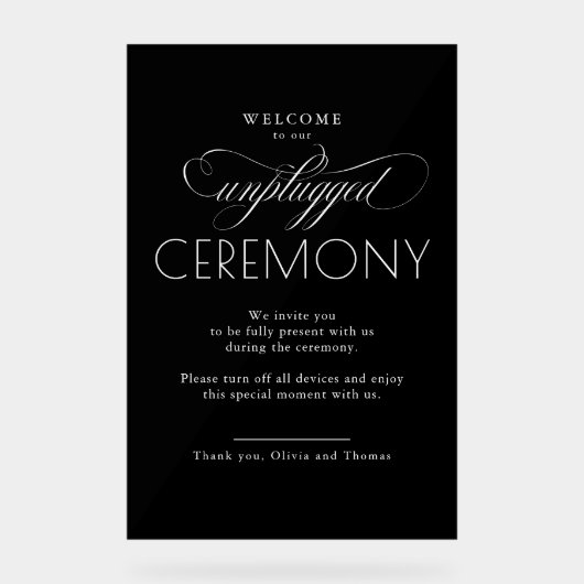 Black Modern Script Unplugged Ceremony Acryl Bord (Voorkant)
