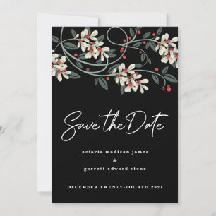 Black Modern Script White Florals Winter Save The Date