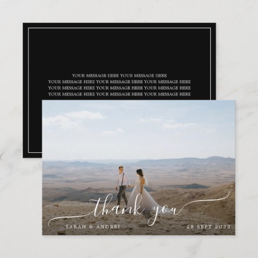 Black Modern Simple Photo Script Wedding Bedankkaart (Voorkant / Achterkant)