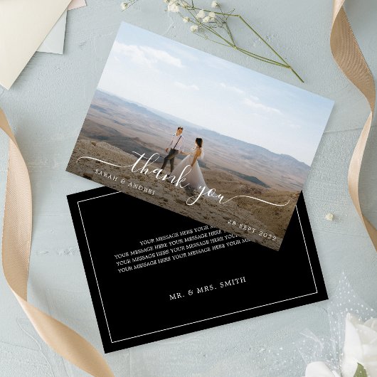 Black Modern Simple Photo Script Wedding Bedankkaart