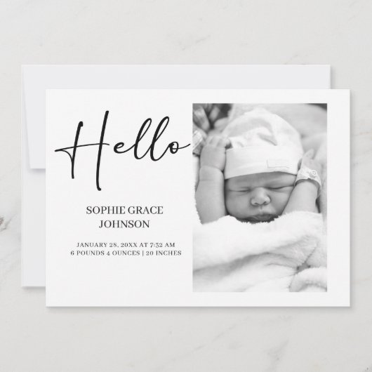 Black Modern Simple Script Baby Announcement Kaart (Voorkant)
