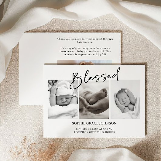 Black Modern Simple Script Baby Announcement Kaart