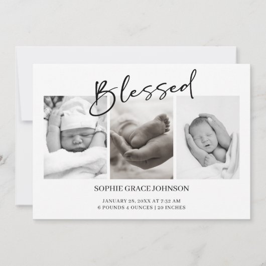 Black Modern Simple Script Baby Announcement Kaart (Voorkant)