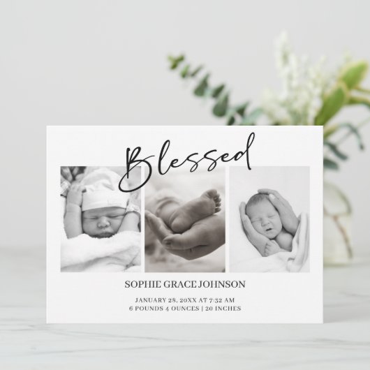 Black Modern Simple Script Baby Announcement Kaart (Staand voorkant)