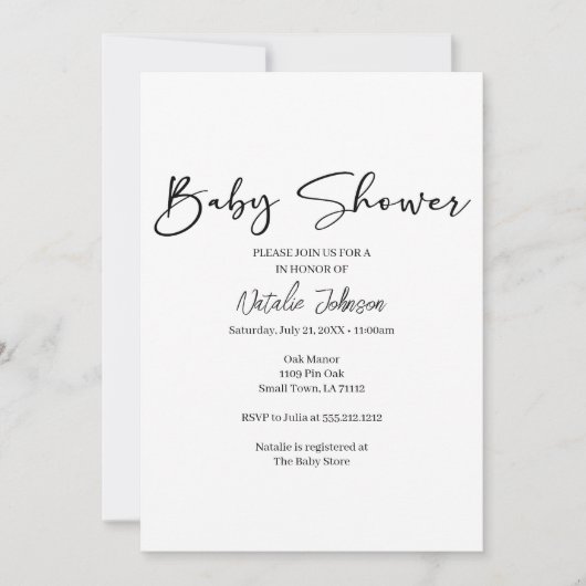 Black Modern Simple Script Baby Shower Invitation Kaart (Voorkant)