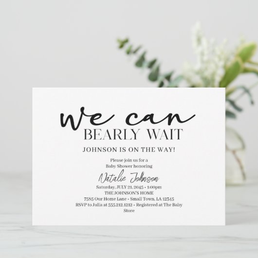 Black Modern Simple Script Bearly Wait Baby Shower Kaart (Staand voorkant)