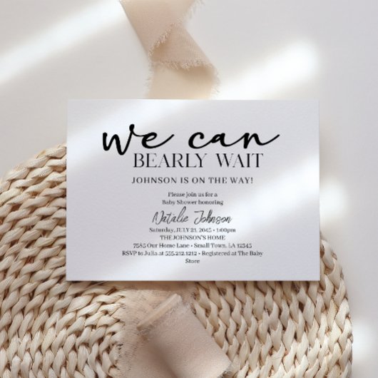 Black Modern Simple Script Bearly Wait Baby Shower Kaart