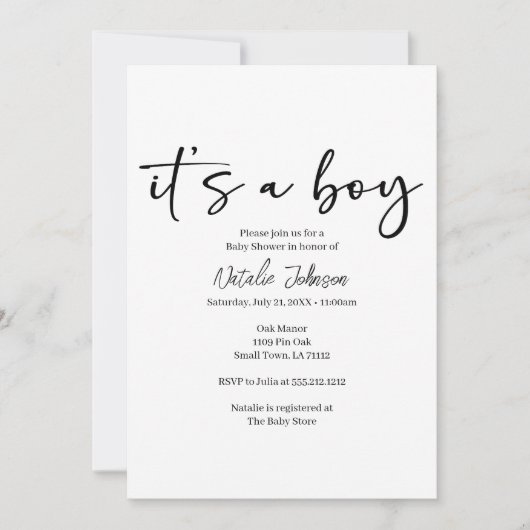 Black Modern Simple Script Boy Baby Shower Kaart (Voorkant)