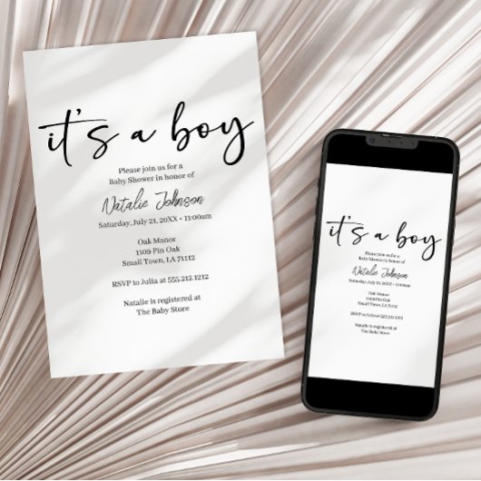 Black Modern Simple Script Boy Baby Shower Kaart