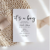 Black Modern Simple Script Boy Baby Shower Kaart