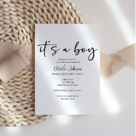 Black Modern Simple Script Boy Baby Shower Kaart