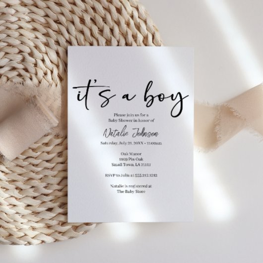 Black Modern Simple Script Boy Baby Shower Kaart